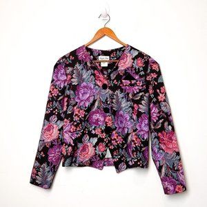 Vintage Purple and Black Floral Structured 80s Blazer Jacket